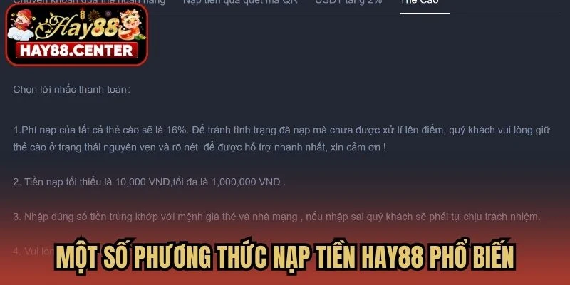 Một số phương thức nạp tiền HAY88 phổ biến